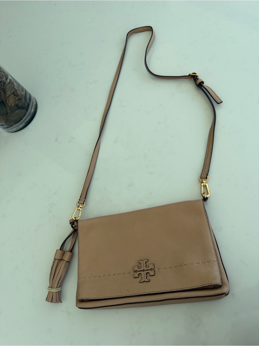 Tory Burch Beige/Tan Pebbled Leather Crossbody with Tassel
